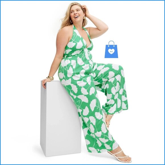 2X - Womens Halter Ginkgo Green Jumpsuit - DVF TGT - Green White - Picture 2 of 6